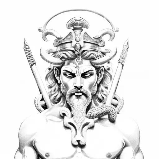 Greek god poseidon full body with trident tattoo design idea