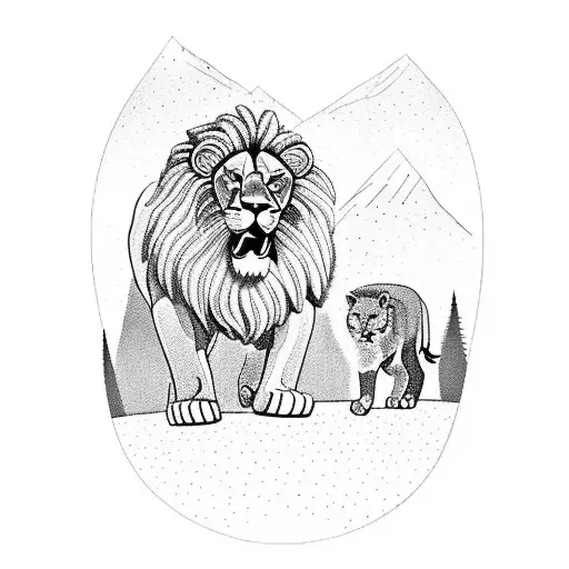 lion and its lion cub walking in a scene of mountains, city skyline, basketball courts, tennis courts, and space tattoo design idea