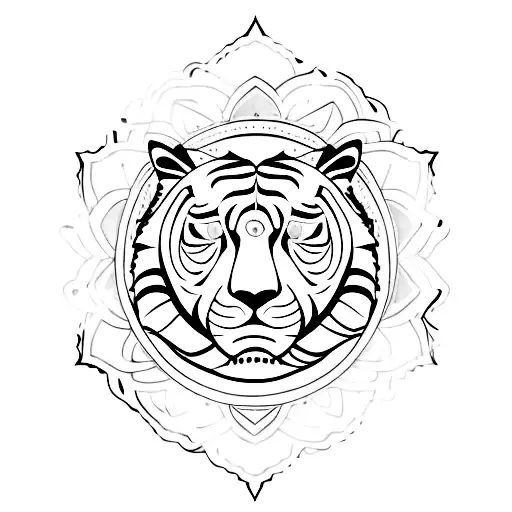 tiger head tilted sideways, lotus flower, spirituality, the sun tattoo design idea