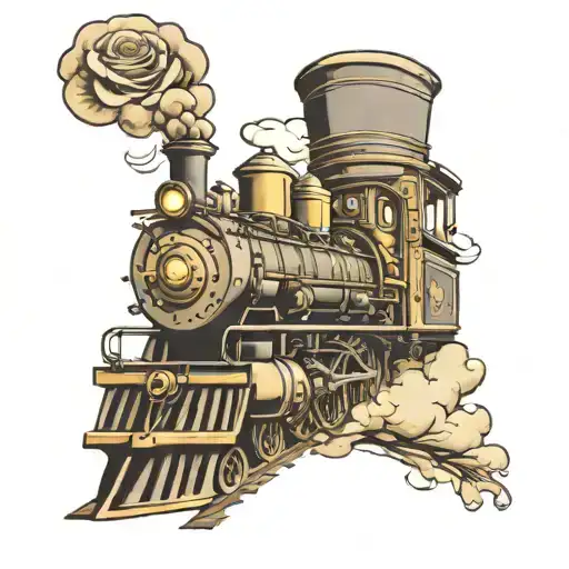 old-school locomotive train with rose coming out of smoke stack  tattoo design idea