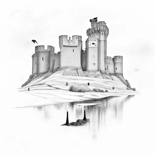 landscape of framlingham castle on the hill with a small lake tattoo design idea