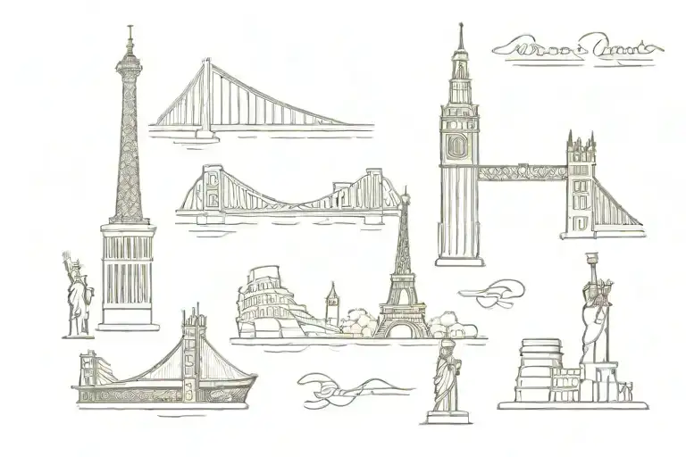 Eiffel tower, statue of liberty, colosseum opera house connected with bridges tattoo design idea