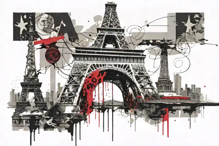 Eiffel tower, statue of liberty, colosseum opera house connected with bridges tattoo design idea