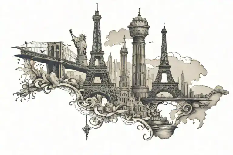 The Eiffel Tower, statue of Liberty, colosseum, and  opera house connected with bridges tattoo design idea