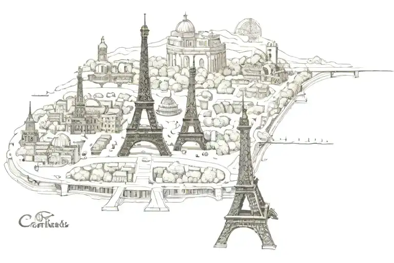 The Eiffel Tower, statue of Liberty, colosseum, and  opera house connected with bridges tattoo design idea