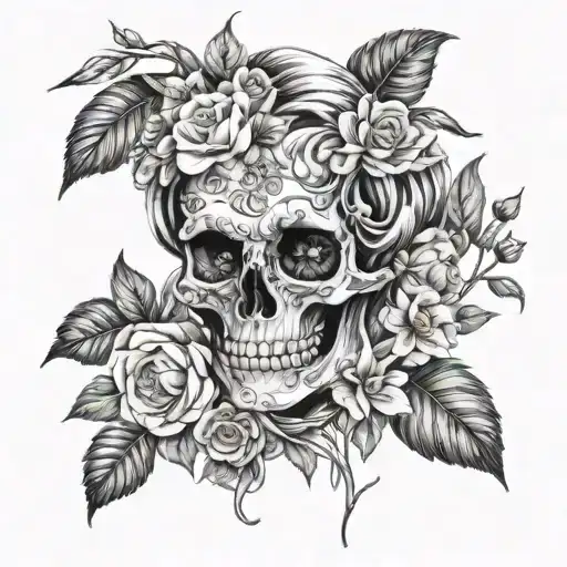 Half Skull face half real face Persephone and flowers growing tattoo design idea