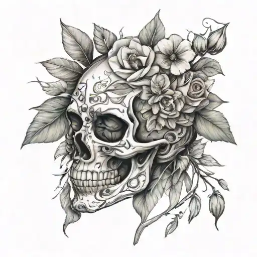 Half Skull face Persephone and flowers growing tattoo design idea