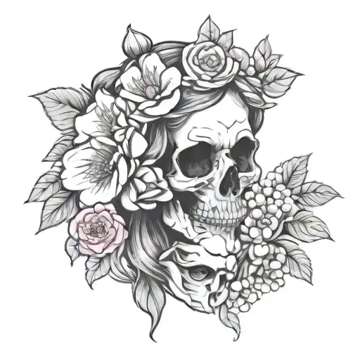 Half Skull face half real face persephone holding pomegranate with flowers tattoo design idea