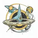 a C shaped crescent moon in a galaxy with star trek enterprise ship flying tattoo design idea