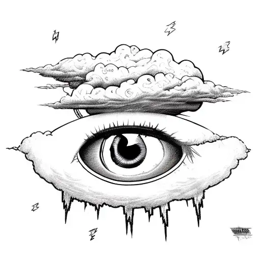 an eye with a lightning bolt coming out of it, streetwear graphic design, tattoos of cumulus clouds, scumbling, sad, no  tattoo design idea