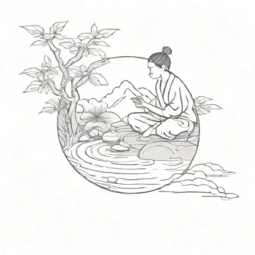 Zen garden scene with a meditating figure and calming elements tattoo design idea