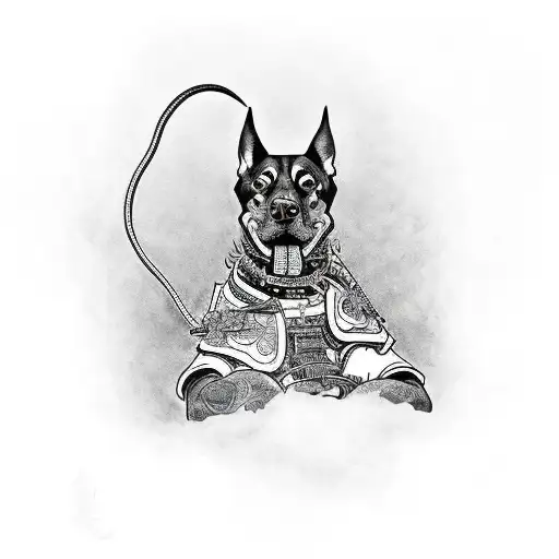 samurai standing holding Doberman on leads tattoo design idea