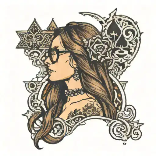 girl in profile with glasses, long straight brown hair, big nose, looking up in ace of spades card, text:QOS tattoo design idea