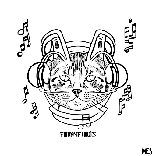A silhouette of a cat wearing headphones, surrounded by Mumford and Sons lyrics, reflecting the client's adoration for cats, music, and the band tattoo design idea