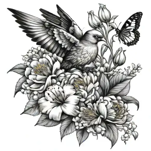 bouquet with peonies, daffodils, Lilly of the valley, morning glory, marigolds and a mocking bird tattoo design idea