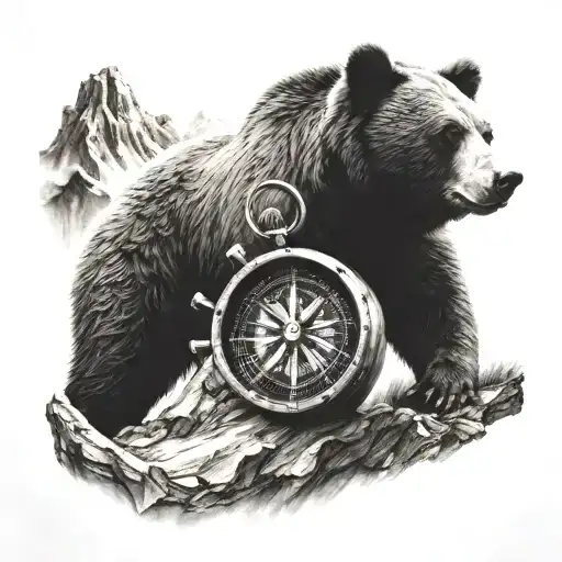 bear on mountain with compass  tattoo design idea