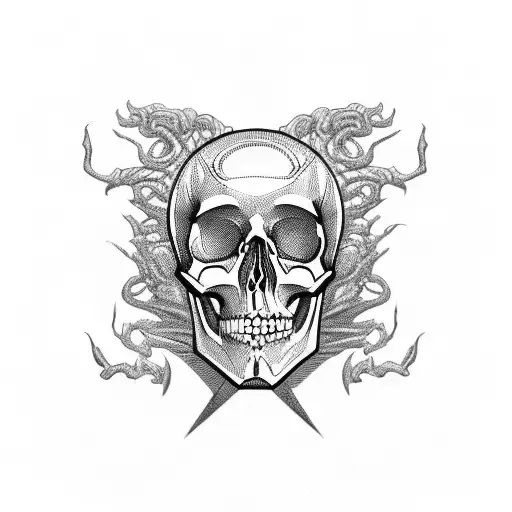 A skull of Hades surrounded by intricate Greek mythology symbols tattoo design idea