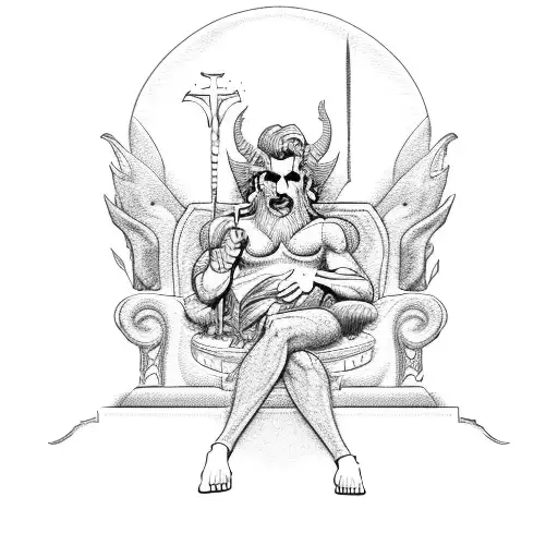 A detailed illustration of the Greek god Hades sitting on his throne in the underworld tattoo design idea