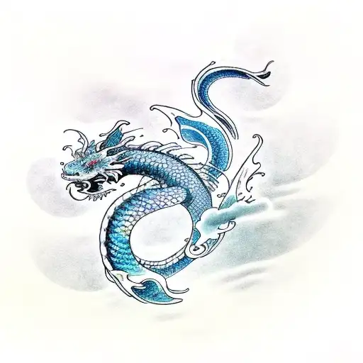 a dragon koi tattoo with waves / clouds as filler, with a dragon / koi fish mixed face. tattoo design idea