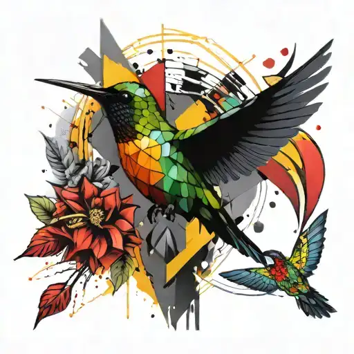 Create a tattoo in polygons totem with a red hummingbird, orange owl, yellow phoenix, green bear, blue snake, purple uni tattoo design idea
