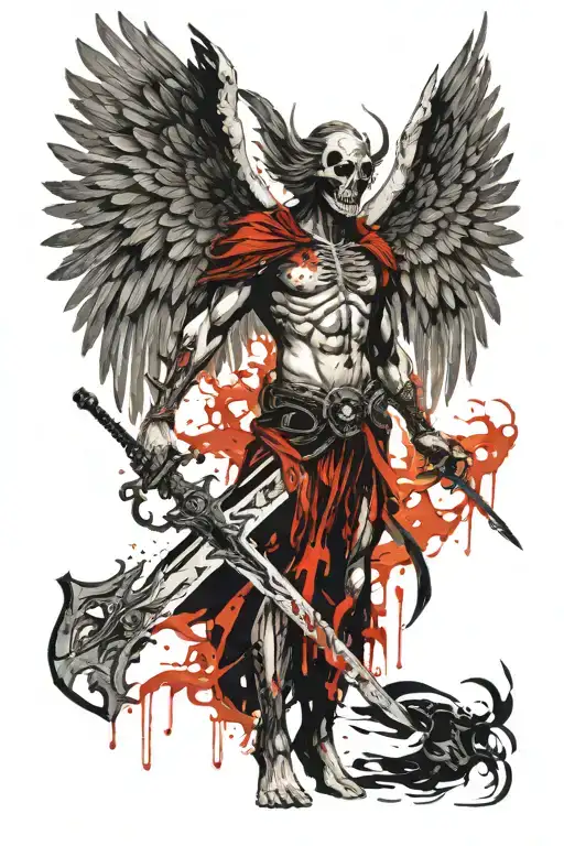 the angel of death stands with a large sword and holds it in two hands, his wings are all on fire, and above his head is tattoo design idea