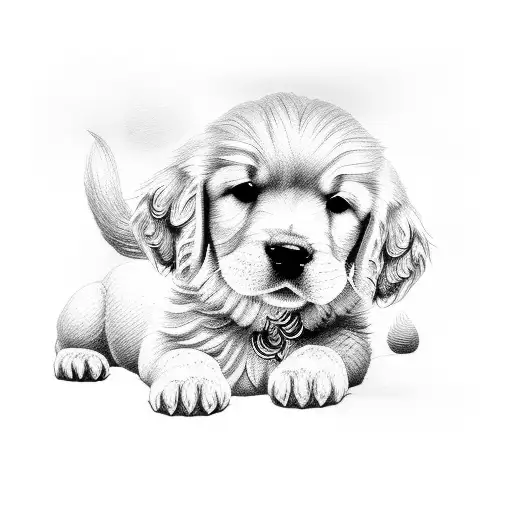 A dotwork tattoo of a business administrator surrounded by golden retriever puppies, symbolizing beauty and loyalty. tattoo design idea