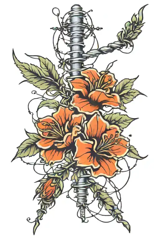 flowers on barbed wire black ink tattoo design idea