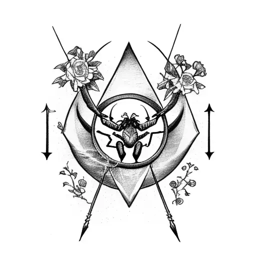 Tarot card for sagittarius with a bow and arrow, flowers and spider web. tattoo design idea