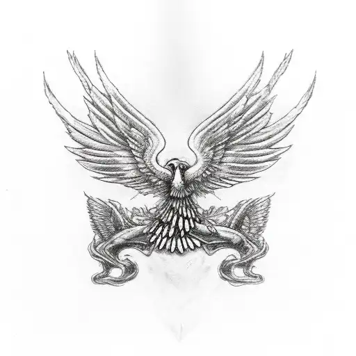 large Phoenix with the military fallen soldier memorial inside its chest holding dog tags in its talons tattoo design idea