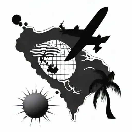 a cruise ship, plane, map, palm tree, sun, beach  tattoo design idea