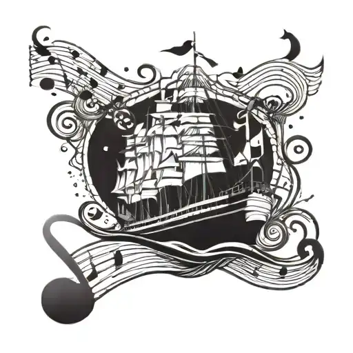 A vintage cruise ship sailing on a sea of musical notes, combining a love for cruising and music tattoo design idea