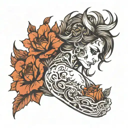Analyse the picture with the sleeve tattoo and suggest 10 different ways to feel in the negative space bringing out all  tattoo design idea