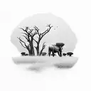 Background: The tattoo will feature the vast African savannah landscape, with acacia trees, grasslands, and a distant ho tattoo design idea