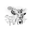 Background: The tattoo will feature the vast African savannah landscape, with acacia trees, grasslands, and a distant ho tattoo design idea