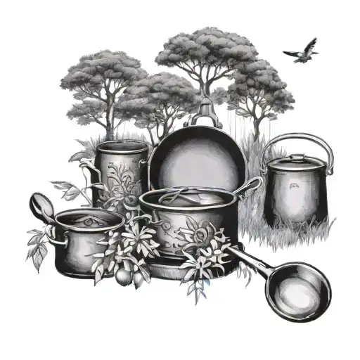 A tattoo design of a Coldplay album cover reimagined as a garden paradise, with cooking pots and pans hanging from the trees, in a black-grey style tattoo design idea