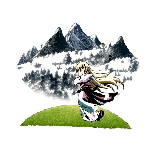 A Montana landscape with hidden elements of jujitsu kasien techniques and Disney princess symbols tattoo design idea