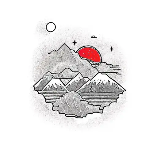 A Montana landscape with hidden elements of jujitsu kasien techniques and Disney princess symbols tattoo design idea