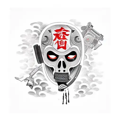 robber in a mask with a gun covered in blood in a black jacket tattoo design idea