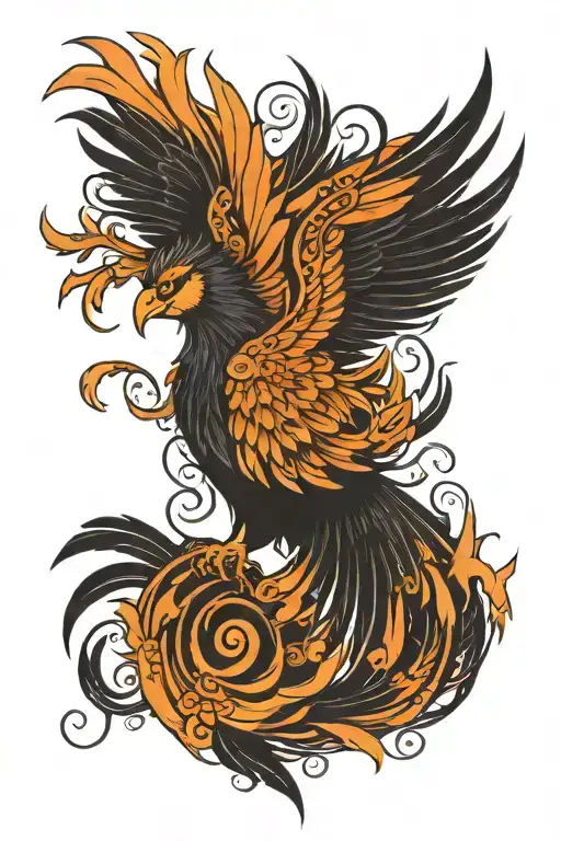 the central design is a phoenix detailed with bold, black outlines, emphasizing the feathers and powerful wings with fla tattoo design idea