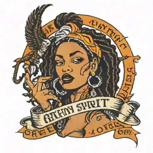 black woman smoking with orange dreadlocks and a Capricorn symbol on her arm with a banner that says free spirit  tattoo design idea