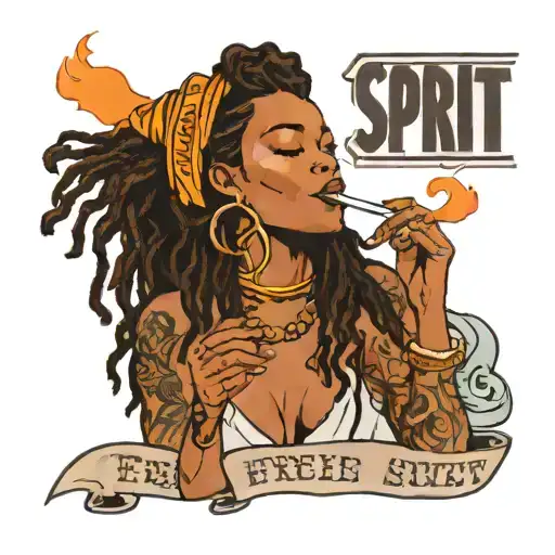black woman smoking with orange dreadlocks with a banner that says free spirit  tattoo design idea