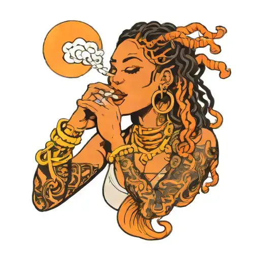 black girl with orange locs smoking with a Capricorn symbol tattoo design idea