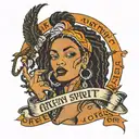 black woman smoking with orange dreadlocks and a Capricorn symbol on her arm with a banner that says free spirit  tattoo design idea