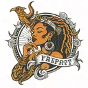 black woman smoking with orange dreadlocks and a Capricorn symbol on her arm with a banner that says free spirit  tattoo design idea