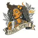 black woman smoking with orange dreadlocks and a Capricorn symbol on her arm with a banner that says free spirit  tattoo design idea