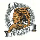 black woman smoking with orange dreadlocks and a Capricorn symbol on her arm with a banner that says free spirit  tattoo design idea