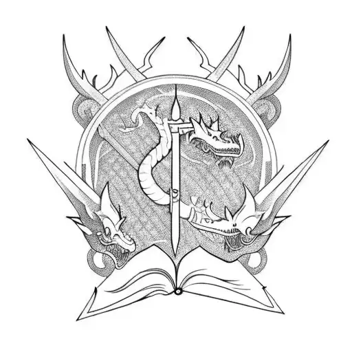 sword through book with dragons tattoo design idea