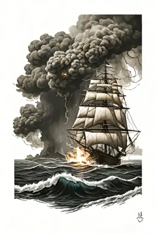 A greek Ship on Fire during an ocean storm with posidein in the background  tattoo design idea