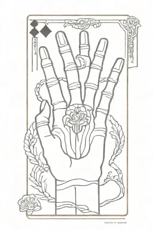 skeleton hand holding a tarot card featuring the lovers tattoo design idea