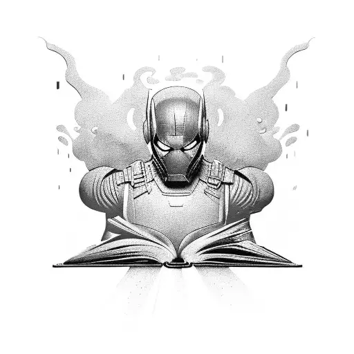 A Marvel hero emerging from a book, surrounded by swirling black-grey shadows tattoo design idea